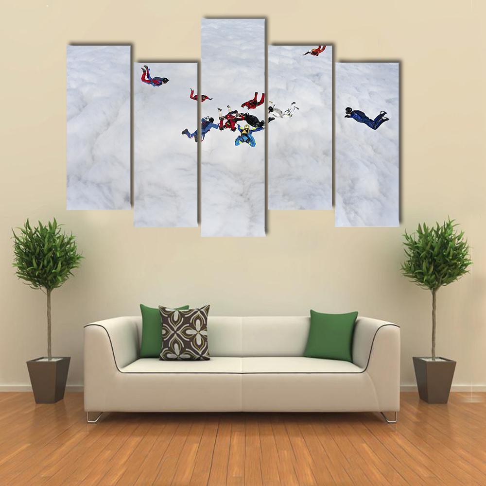 Skydivers Above The Clouds Canvas Wall Art-5 Pop-Gallery Wrap-47" x 32"-Tiaracle