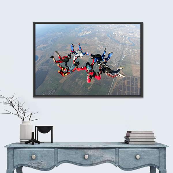Skydivers Groups Moving Towards Ground Canvas Wall Art-1 Piece-Floating Frame-24" x 16"-Tiaracle