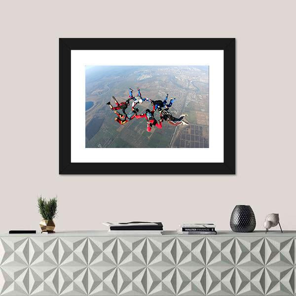 Skydivers Groups Moving Towards Ground Canvas Wall Art-1 Piece-Framed Print-20" x 16"-Tiaracle