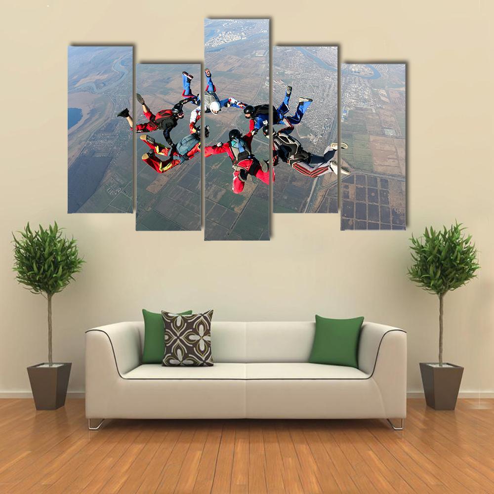 Skydivers Groups Moving Towards Ground Canvas Wall Art-5 Pop-Gallery Wrap-47" x 32"-Tiaracle