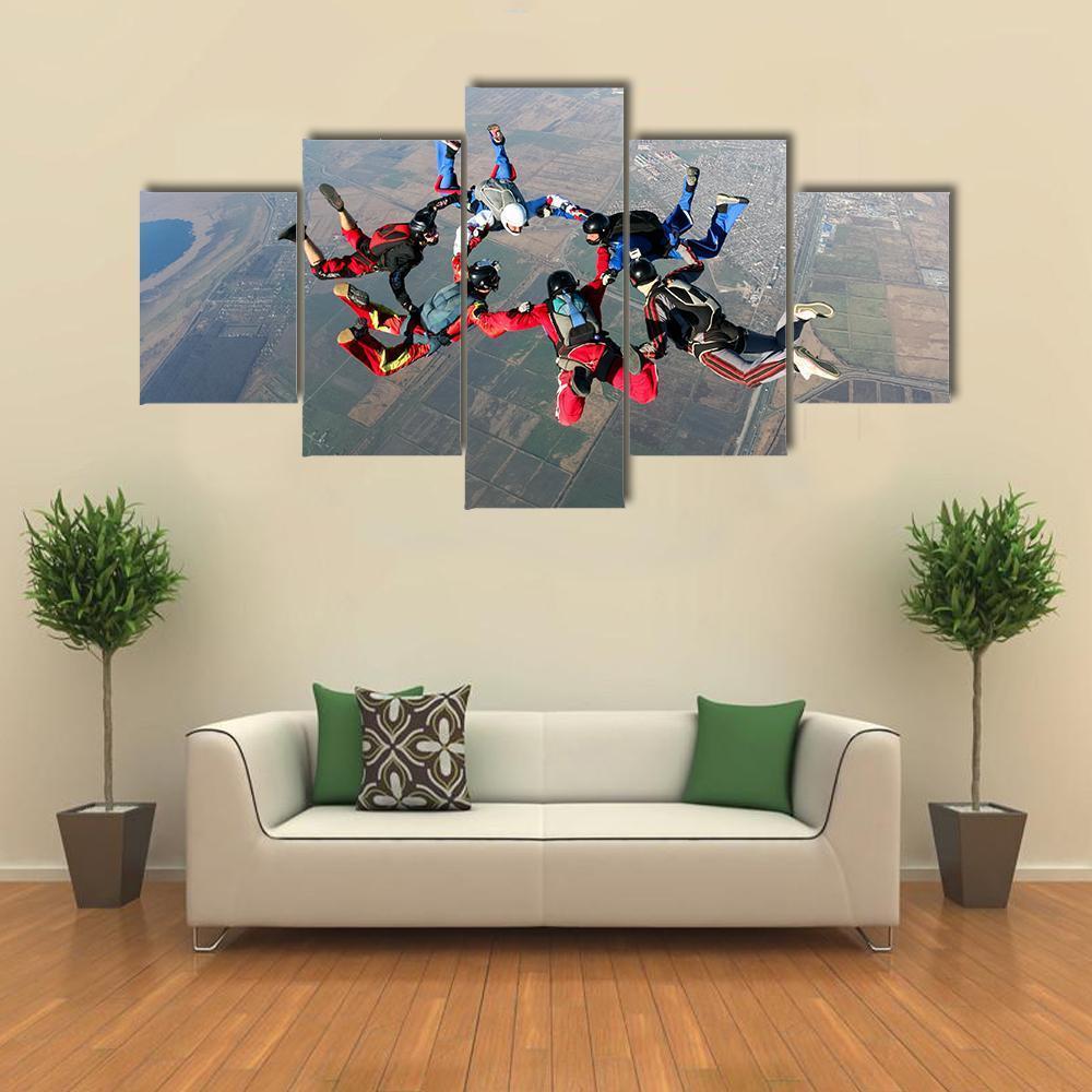 Skydivers Groups Moving Towards Ground Canvas Wall Art-5 Star-Gallery Wrap-62" x 32"-Tiaracle
