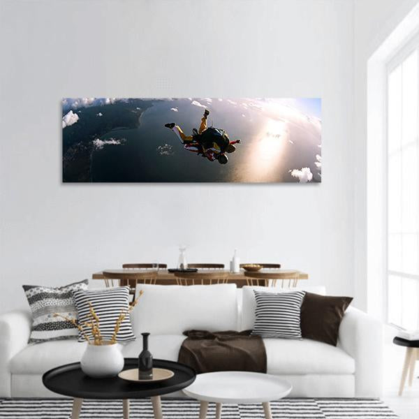 Skydivers In Action Panoramic Canvas Wall Art-1 Piece-36" x 12"-Tiaracle