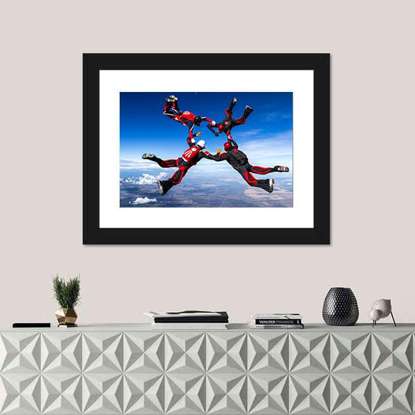 Skydivers In Relative Work Canvas Wall Art-1 Piece-Framed Print-20" x 16"-Tiaracle