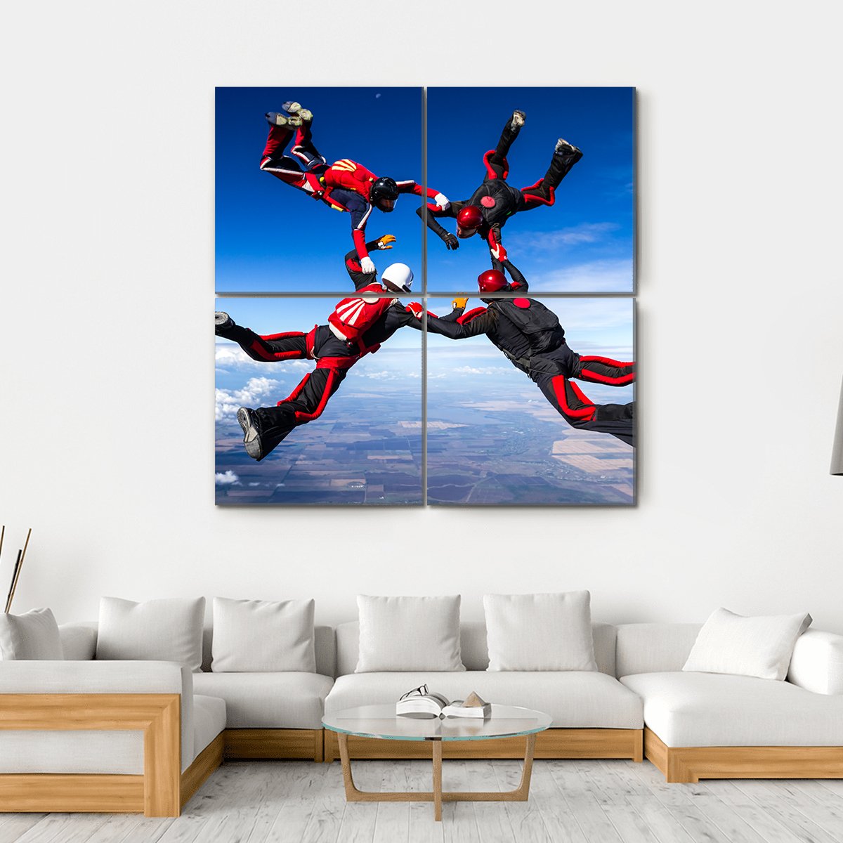 Skydivers In Relative Work Canvas Wall Art-4 Square-Gallery Wrap-17" x 17"-Tiaracle