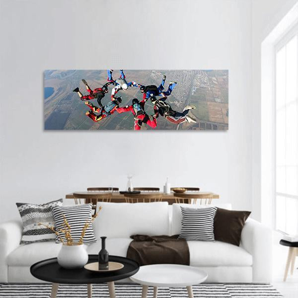 Skydiving In Group Panoramic Canvas Wall Art-3 Piece-25" x 08"-Tiaracle