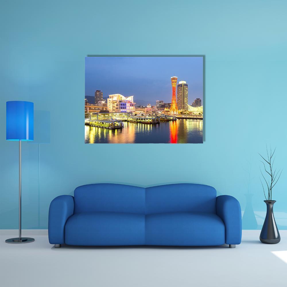Kobe Port Tower Night Skyline Canvas Wall Art in orange, yellow and blue, single panel hung on a wall