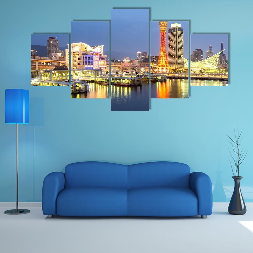 Kobe Port Tower Night Skyline Canvas Wall Art in orange, yellow and blue, 5 panel Star layout hung on a wall