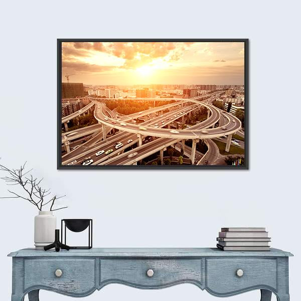 Skyline And Traffic Trails On Highway Intersection Canvas Wall Art-1 Piece-Floating Frame-24" x 16"-Tiaracle