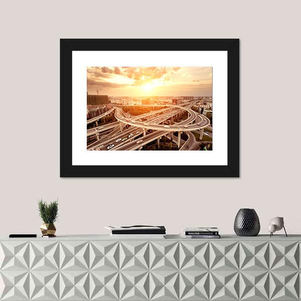 Skyline And Traffic Trails On Highway Intersection Canvas Wall Art-1 Piece-Framed Print-20" x 16"-Tiaracle
