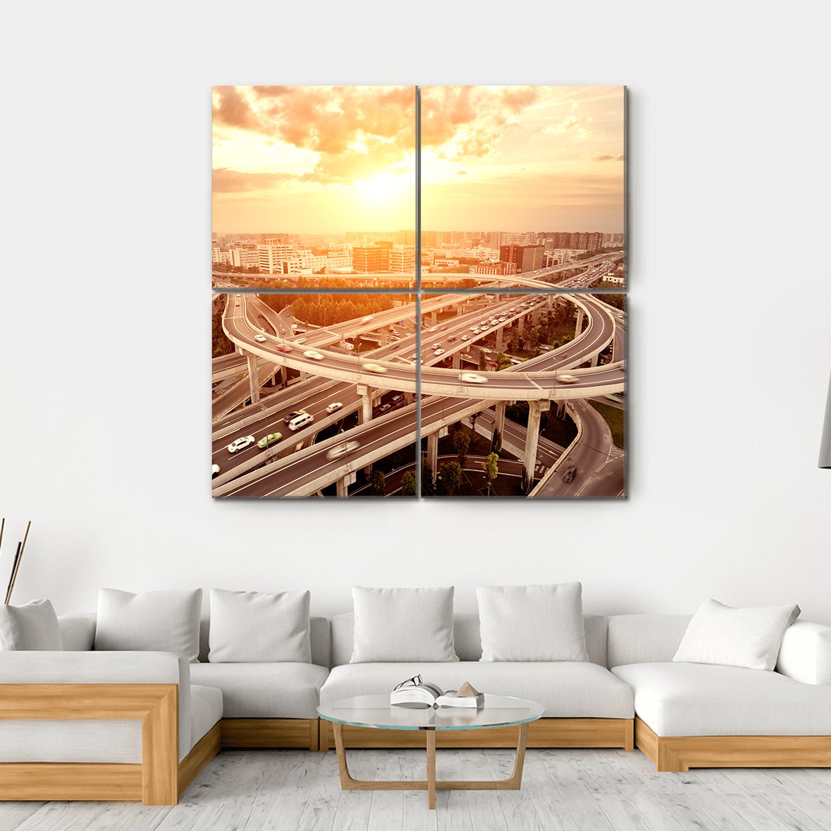 Skyline And Traffic Trails On Highway Intersection Canvas Wall Art-4 Square-Gallery Wrap-17" x 17"-Tiaracle