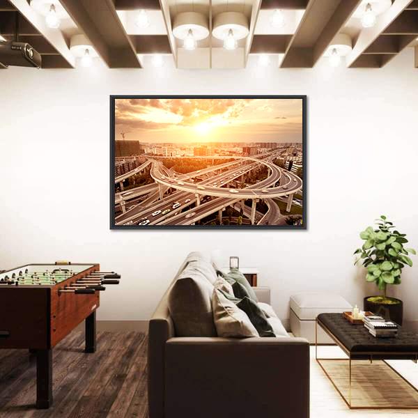 Skyline And Traffic Trails On Highway Intersection Canvas Wall Art-3 Horizontal-Gallery Wrap-25" x 16"-Tiaracle