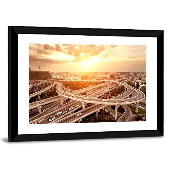 Skyline And Traffic Trails On Highway Intersection Canvas Wall Art-3 Horizontal-Gallery Wrap-25" x 16"-Tiaracle