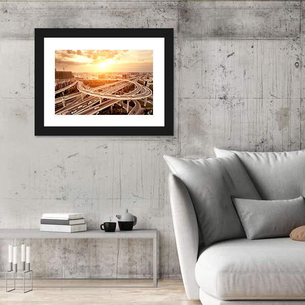Skyline And Traffic Trails On Highway Intersection Canvas Wall Art-3 Horizontal-Gallery Wrap-25" x 16"-Tiaracle