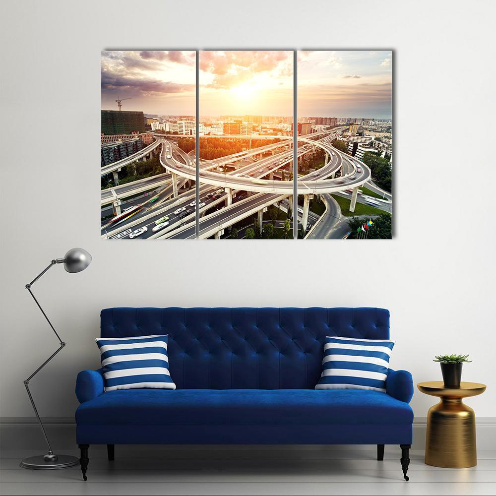 Skyline &amp; Highway Intersection Canvas Wall Art-3 Horizontal-Gallery Wrap-37" x 24"-Tiaracle