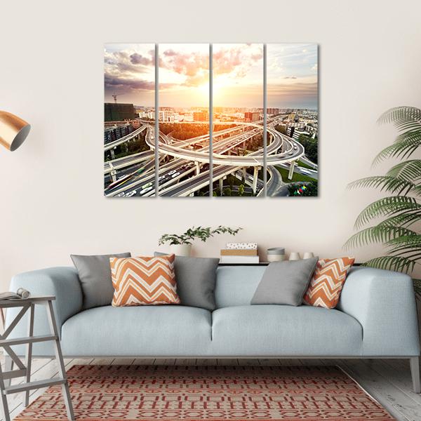 Skyline & Highway Intersection Canvas Wall Art-4 Horizontal-Gallery Wrap-34" x 24"-Tiaracle