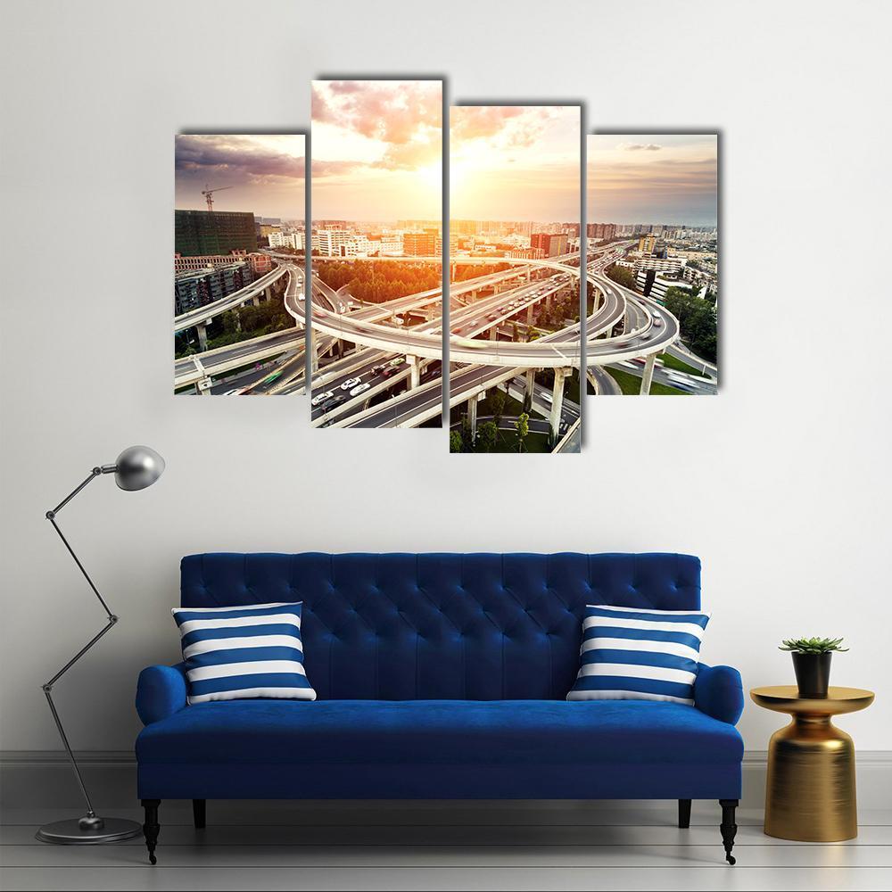 Skyline &amp; Highway Intersection Canvas Wall Art-4 Pop-Gallery Wrap-50" x 32"-Tiaracle