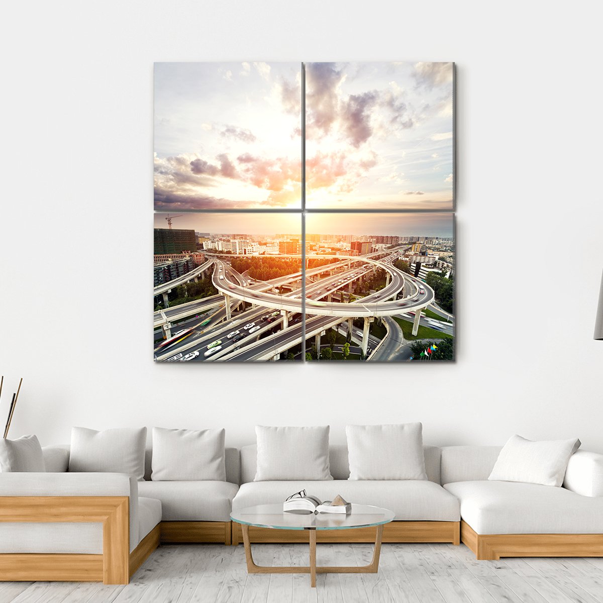 Skyline & Highway Intersection Canvas Wall Art-4 Square-Gallery Wrap-17" x 17"-Tiaracle