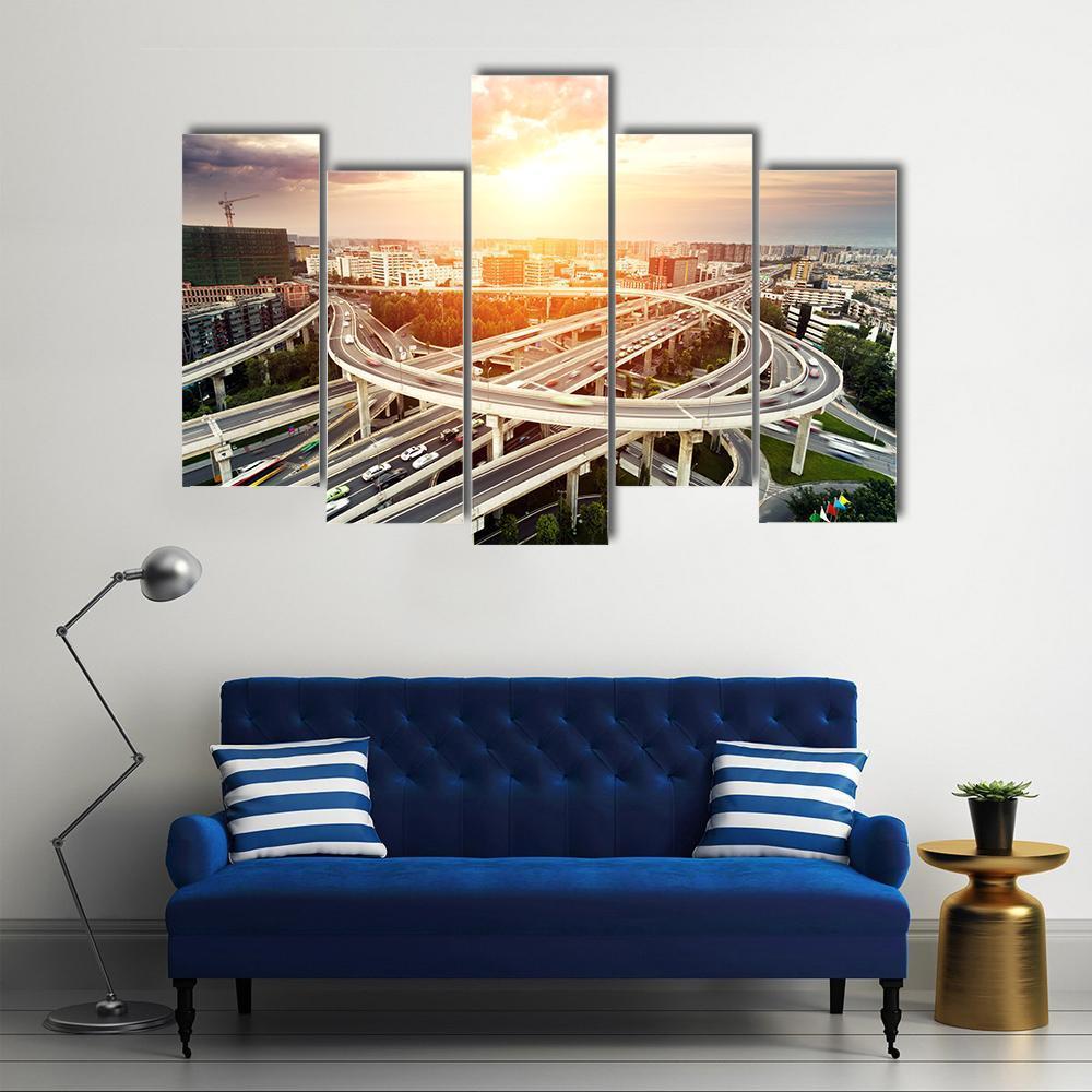 Skyline &amp; Highway Intersection Canvas Wall Art-5 Pop-Gallery Wrap-47" x 32"-Tiaracle
