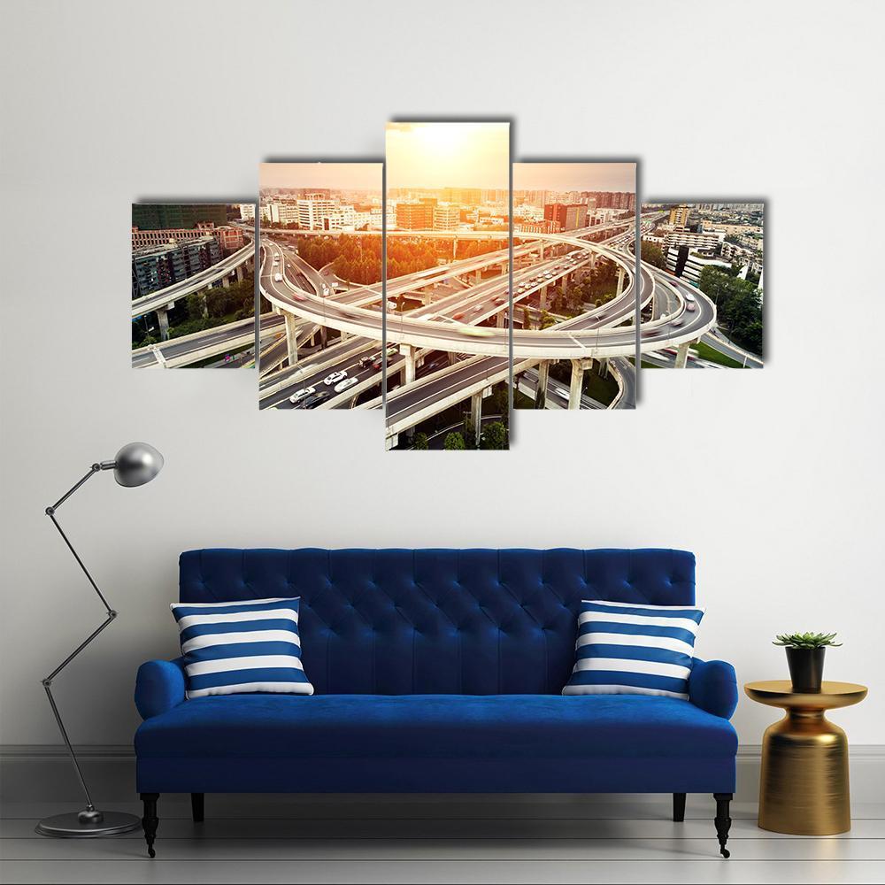 Skyline &amp; Highway Intersection Canvas Wall Art-5 Star-Gallery Wrap-62" x 32"-Tiaracle