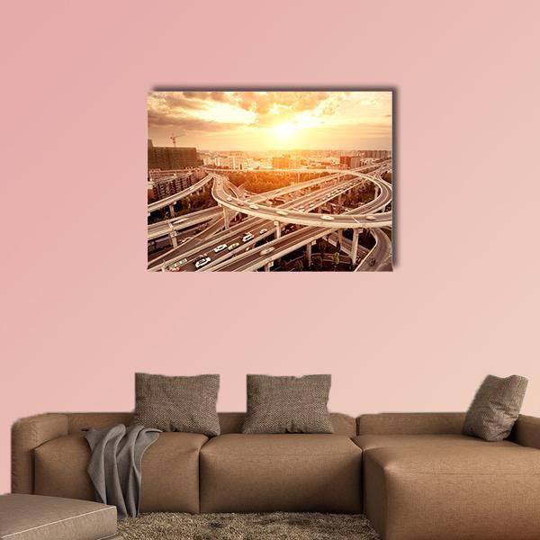 Skyline And Traffic Trails On Highway Intersection Canvas Wall Art-4 Pop-Gallery Wrap-50" x 32"-Tiaracle