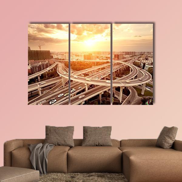 Skyline And Traffic Trails On Highway Intersection Canvas Wall Art-3 Horizontal-Gallery Wrap-37" x 24"-Tiaracle