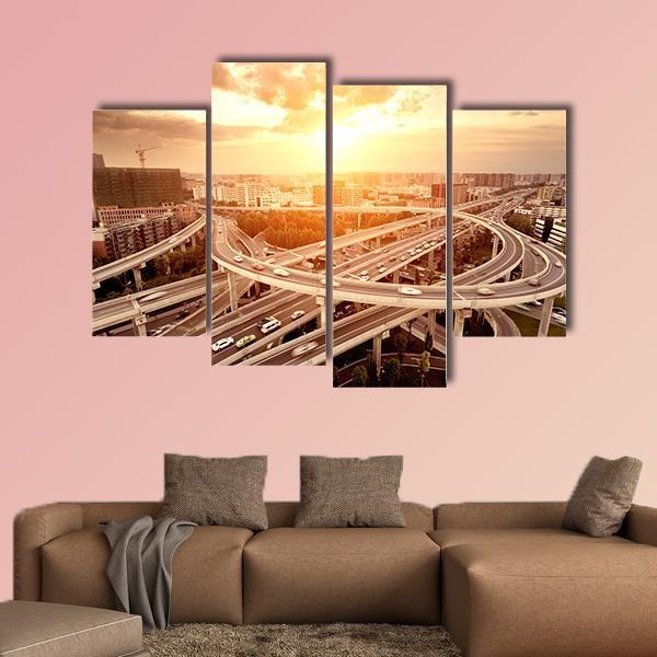 Skyline And Traffic Trails On Highway Intersection Canvas Wall Art-4 Pop-Gallery Wrap-50" x 32"-Tiaracle