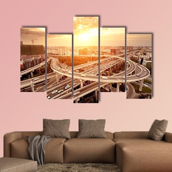 Skyline And Traffic Trails On Highway Intersection Canvas Wall Art-5 Pop-Gallery Wrap-47" x 32"-Tiaracle