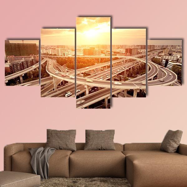Skyline And Traffic Trails On Highway Intersection Canvas Wall Art-5 Star-Gallery Wrap-62" x 32"-Tiaracle