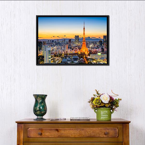 Skyline At Tokyo Tower Canvas Wall Art-1 Piece-Floating Frame-24" x 16"-Tiaracle