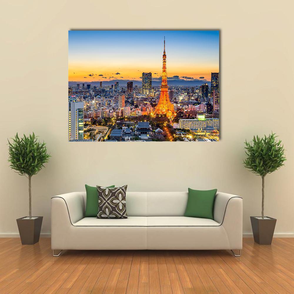 Tokyo Tower at Sunset Canvas Wall Art in orange, yellow and blue, single panel hung on a wall