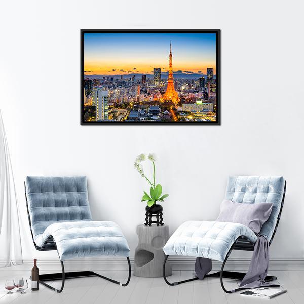 Skyline At Tokyo Tower Canvas Wall Art-1 Piece-Floating Frame-24" x 16"-Tiaracle
