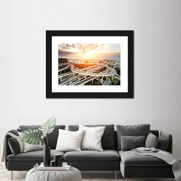 Skyline &amp; Highway Intersection Canvas Wall Art-1 Piece-Framed Print-20" x 16"-Tiaracle