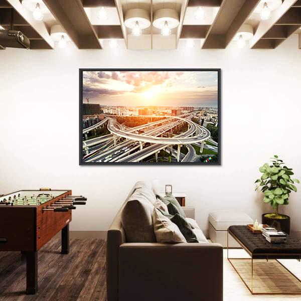 Skyline &amp; Highway Intersection Canvas Wall Art-5 Horizontal-Gallery Wrap-22" x 12"-Tiaracle