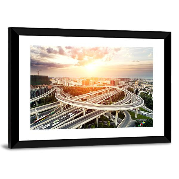 Skyline &amp; Highway Intersection Canvas Wall Art-5 Horizontal-Gallery Wrap-22" x 12"-Tiaracle
