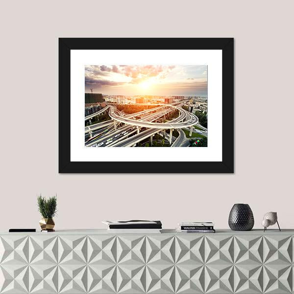 Skyline &amp; Highway Intersection Canvas Wall Art-5 Horizontal-Gallery Wrap-22" x 12"-Tiaracle