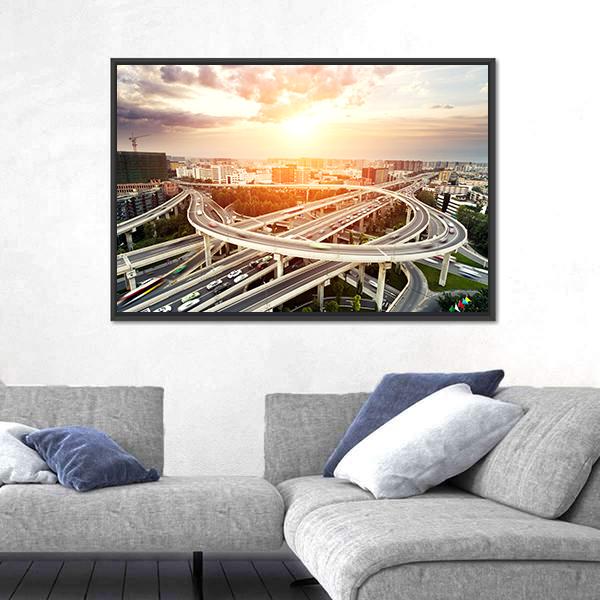 Skyline & Highway Intersection Vertical Canvas Wall Art-3 Vertical-Gallery Wrap-12" x 25"-Tiaracle