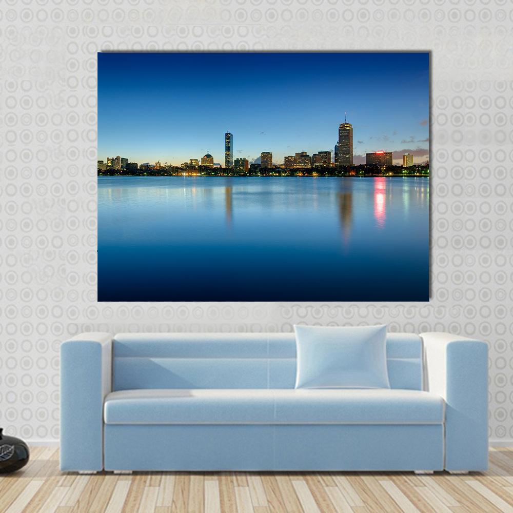 Boston Back Bay Skyline Canvas Wall Art in blue, single panel hung on a wall