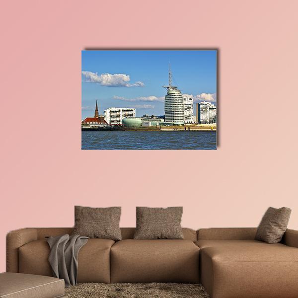 Bremerhaven Skyline Canvas Wall Art in white and blue, single panel hung on a wall