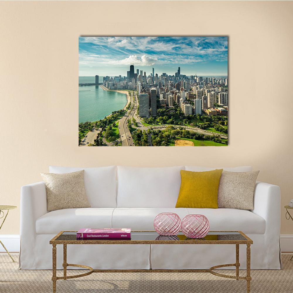 Chicago Skyline Over Lake Michigan Canvas Wall Art in white, green and blue, single panel hung on a wall