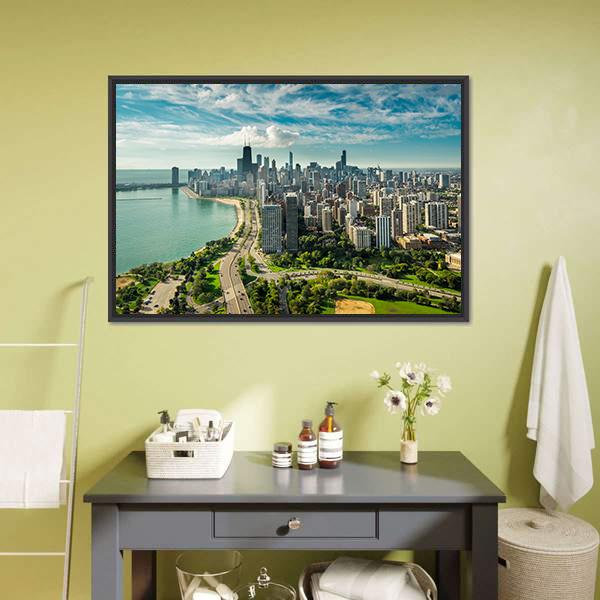Chicago Skyline with Willis Tower Canvas Wall Art in gray, green and blue, framed canvas, product view on a white background