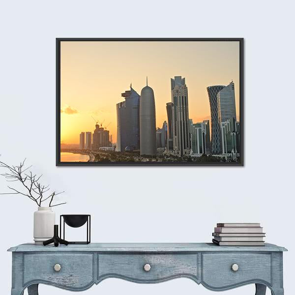 Skyline Of Commercial Center Of Doha Canvas Wall Art-1 Piece-Floating Frame-24" x 16"-Tiaracle