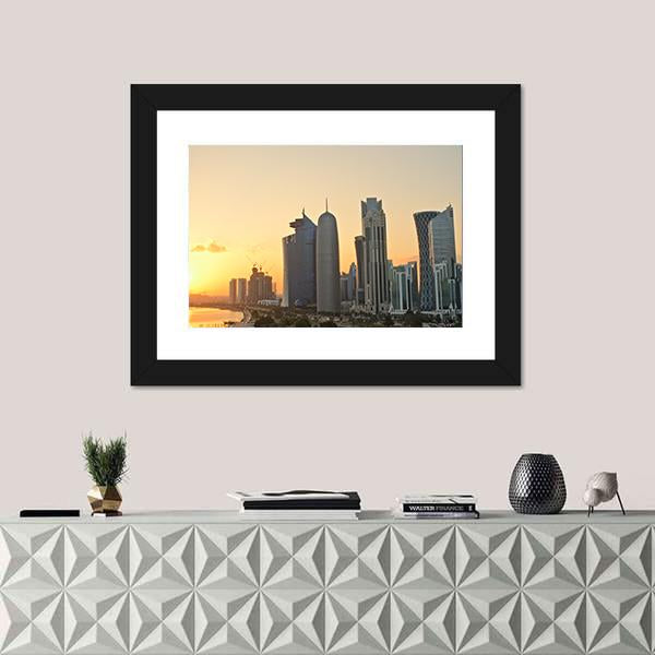 Skyline Of Commercial Center Of Doha Canvas Wall Art-1 Piece-Framed Print-20" x 16"-Tiaracle