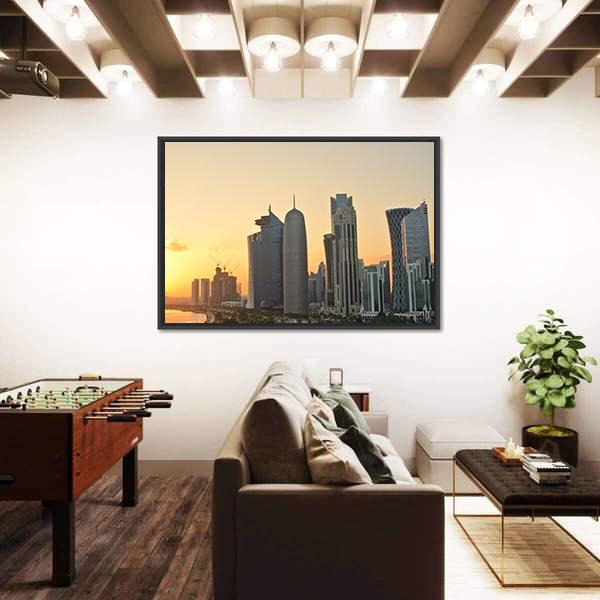 Skyline Of Commercial Center Of Doha Canvas Wall Art-3 Horizontal-Gallery Wrap-25" x 16"-Tiaracle