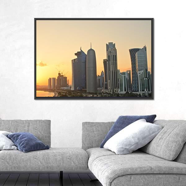 Skyline Of Commercial Center Of Doha Canvas Wall Art-3 Horizontal-Gallery Wrap-25" x 16"-Tiaracle