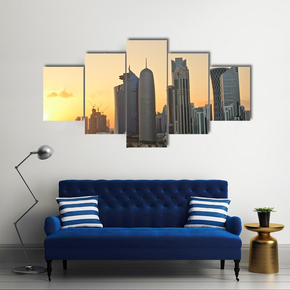 Skyline Of Commercial Center Of Doha Canvas Wall Art-4 Pop-Gallery Wrap-50" x 32"-Tiaracle