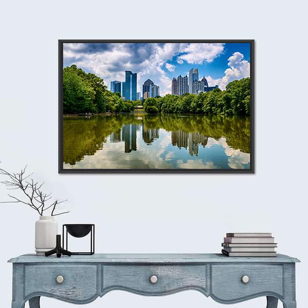 Downtown Atlanta Skyline Canvas Wall Art in white, green and blue, framed canvas, product view on a white background