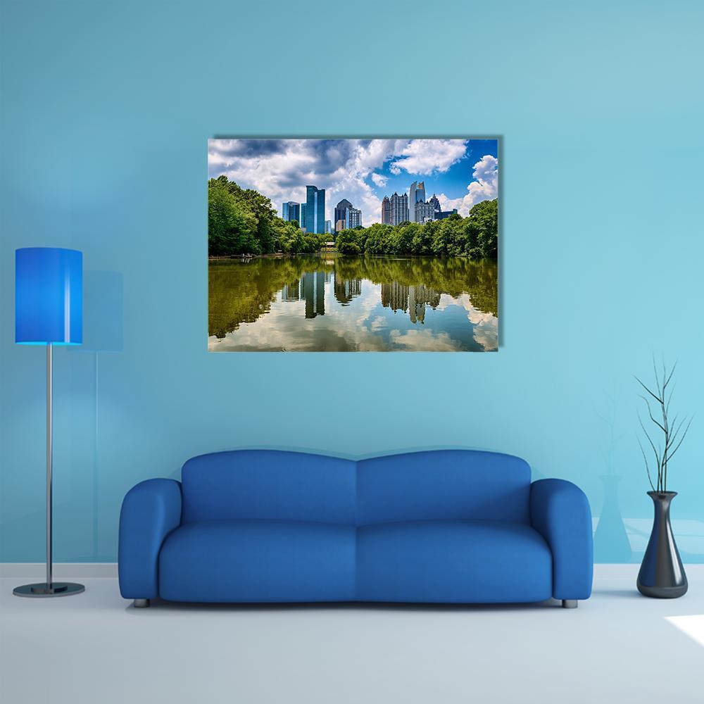 Downtown Atlanta Skyline Canvas Wall Art in white, green and blue, single panel hung on a wall