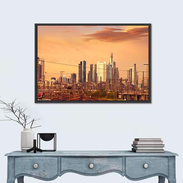Skyline Of Frankfurt At Sunset Canvas Wall Art-1 Piece-Floating Frame-24" x 16"-Tiaracle