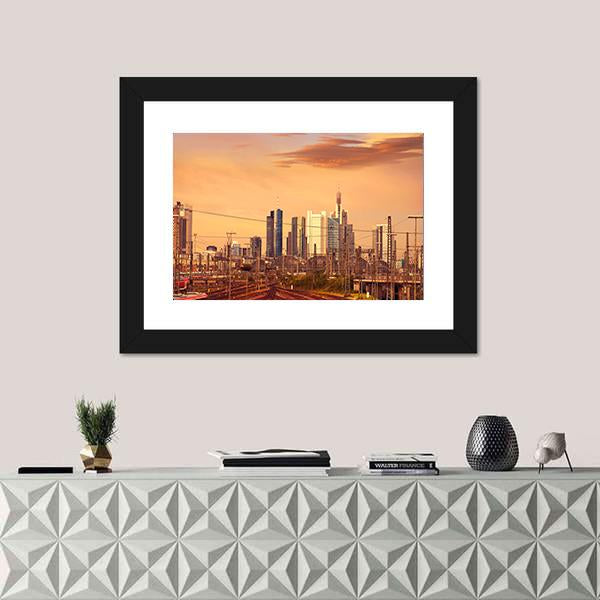 Skyline Of Frankfurt At Sunset Canvas Wall Art-1 Piece-Framed Print-20" x 16"-Tiaracle