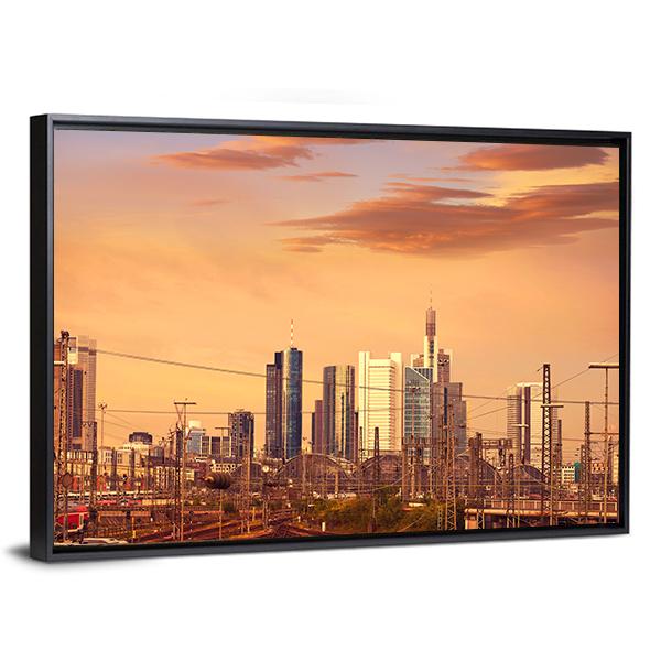 Skyline Of Frankfurt At Sunset Canvas Wall Art-3 Horizontal-Gallery Wrap-25" x 16"-Tiaracle